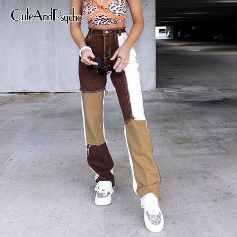 Vintage Patchwork Brown Straight Jeans Women Harajuku Streetwear High Waisted Denim Pants Korean Sweatpants Cuteandpsycho