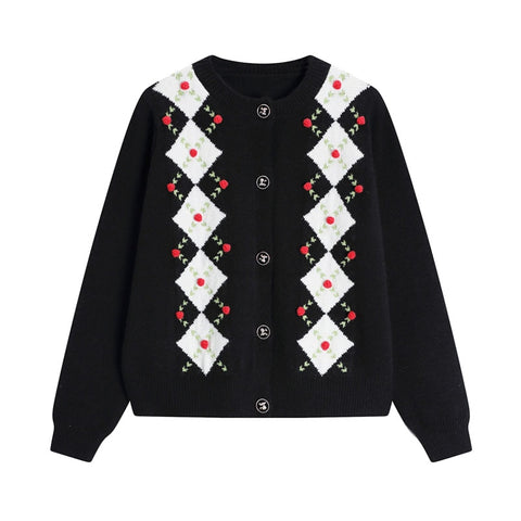 Vintage Plaid Long Sleeve Women Black Cardigan Sweater Autumn Winter England Style 50s 60s Knitted Sweaters Kawaii Womes Tops