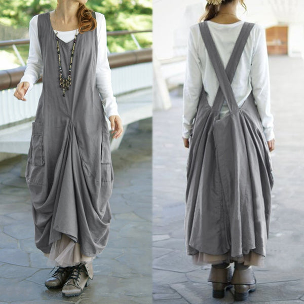 Vintage Pleated Dress ZANZEA Women's Sundress Female V Neck Sleeveless Midi Dresses Kaftan Casual Suspender Vestidos