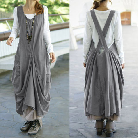 Vintage Pleated Dress ZANZEA Women's Sundress Female V Neck Sleeveless Midi Dresses Kaftan Casual Suspender Vestidos