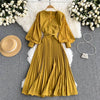 Vintage Pleated Midi Dress Women Yellow/Purple/Red Lantern Long Sleeve Draped Vestidos With Belt Spring Autumn Elegant Robe New