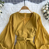 Vintage Pleated Midi Dress Women Yellow/Purple/Red Lantern Long Sleeve Draped Vestidos With Belt Spring Autumn Elegant Robe New
