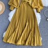 Vintage Pleated Midi Dress Women Yellow/Purple/Red Lantern Long Sleeve Draped Vestidos With Belt Spring Autumn Elegant Robe New