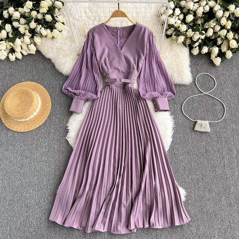 Vintage Pleated Midi Dress Women Yellow/Purple/Red Lantern Long Sleeve Draped Vestidos With Belt Spring Autumn Elegant Robe New