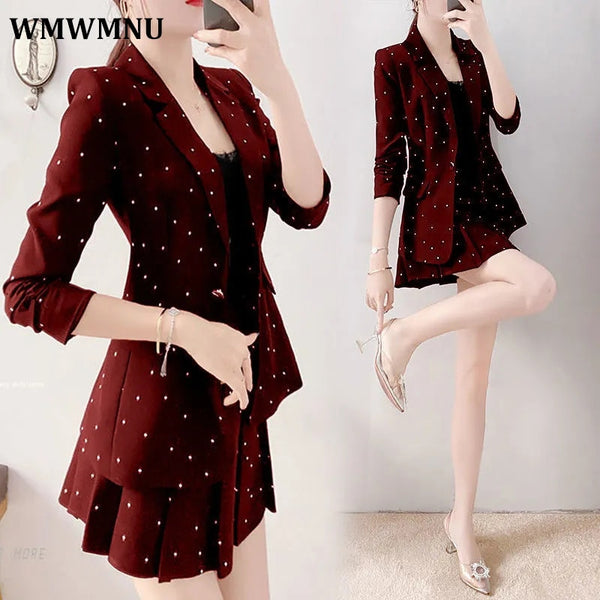 Vintage Polka Dot Print 2 Piece Set Women Outfits Spring Elegant Thin Unlined Blazer Jacket And Mini A-Line Pleated Skirts Suit