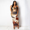 Vintage Print Lacing Maxi Dress Women Sexy Bra Halter Backless Bodycon Vestido  Female Body-shapin Streetwear Summer