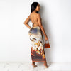 Vintage Print Lacing Maxi Dress Women Sexy Bra Halter Backless Bodycon Vestido  Female Body-shapin Streetwear Summer