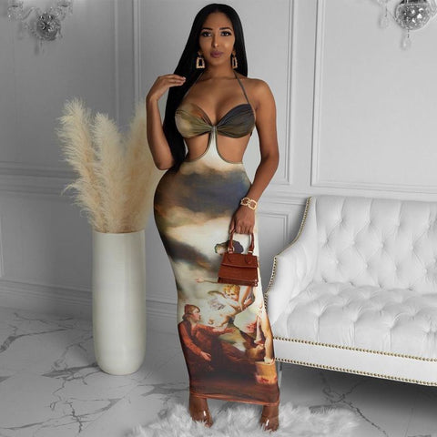 Vintage Print Lacing Maxi Dress Women Sexy Bra Halter Backless Bodycon Vestido  Female Body-shapin Streetwear Summer