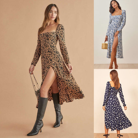 Vintage Print Sweet Dresses Casual Square Collar Floral Maxi Long Dress Leopard Print Sexy Women Backless Summer Dresses Female