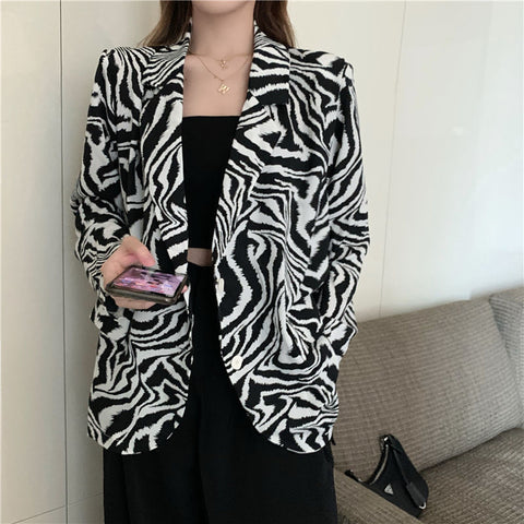 Vintage Printing Button Loose Casual Leopard Blazer Women's Clothing 2023 Autumn Commute Tops All-match Office Lady Suits