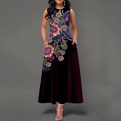 Vintage Red Floral Print A Line Sleeveless Round Neck Women Casual Retro Plus Size Office Lady 2023 Summer Maxi Long Dress