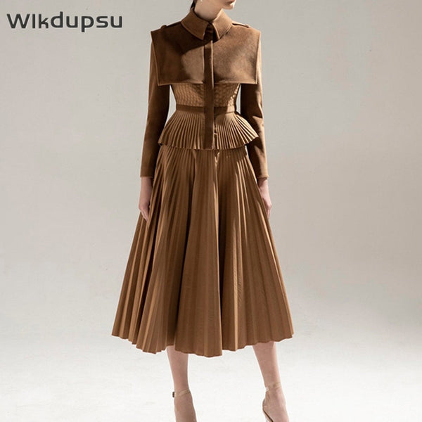 Vintage Retro Blazer Suit Coat Top and High Waist Pleated Long Skirt Autumn Winter  Elegant Two Piece Set Ladies Outfits