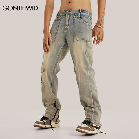 Vintage Ripped Denim Pants Streetwear Y2K Hip Hop Destroyed Holes Ankel Zipper Distressed Washed Jeans 2023 Mens Baggy Trousers