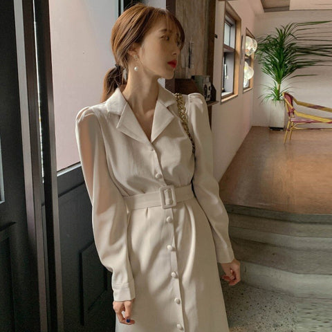 Vintage Sashes Dresses for Women Party Office Lady Trumpet Mermaid Long Sleeve Midi Woman Dress Beige Korean Clothes Vestidos