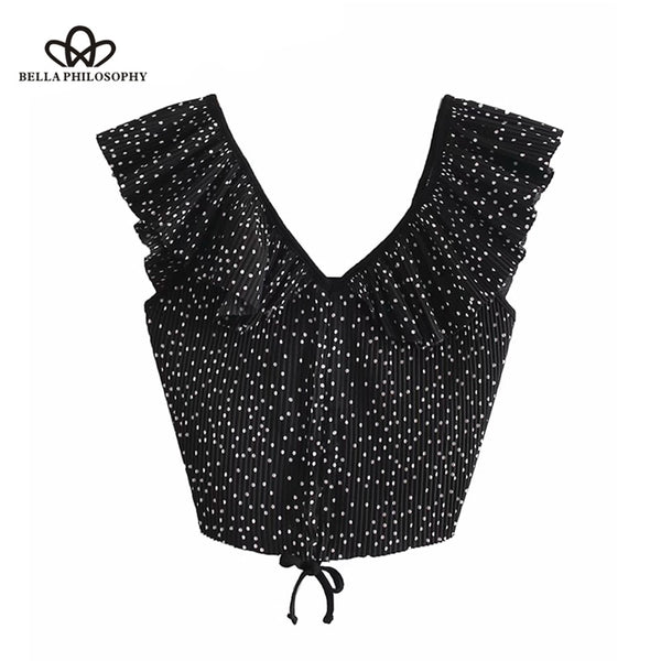 Vintage Sexy Polka Dot Ruffled Cropped Tops Women Blouses 2023 V Neck drawstring Pleated Shirts Casual Blusas Mujer