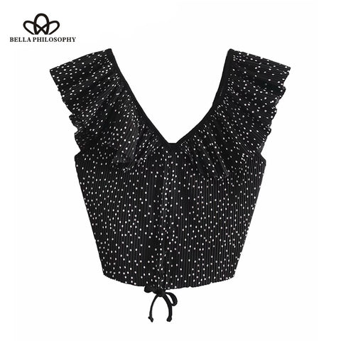 Vintage Sexy Polka Dot Ruffled Cropped Tops Women Blouses 2023 V Neck drawstring Pleated Shirts Casual Blusas Mujer