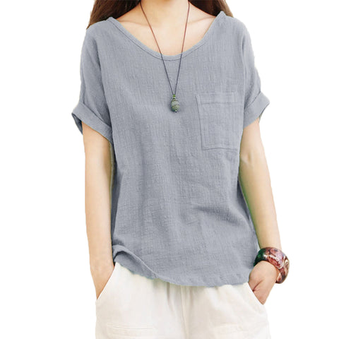 Vintage Sexy Summer Baggy Linen Blouse Women Tops New Short Sleeve O Neck Loose Shirt Tee Casual Ladies Blusas Plus Size