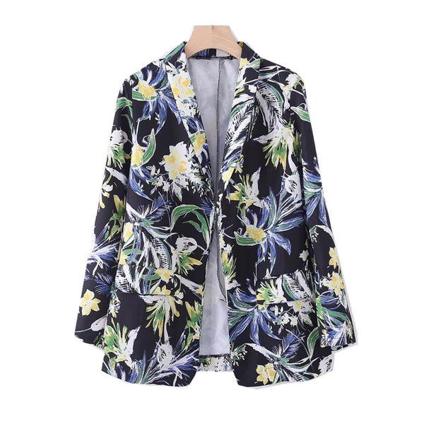 Vintage Shawl collar Flower Print Open Stitching Blazer Casual 2022 Woman Pockets Slim Fit  Suit Jacket Coat Outerwear  Black