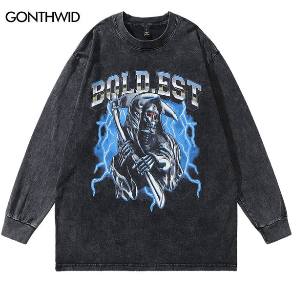 Vintage Shirts Streetwear Hip Hop Skull Skeleton Lightning Print Punk Gothic Long Sleeve T-Shirt Harajuku Casual Tshirt