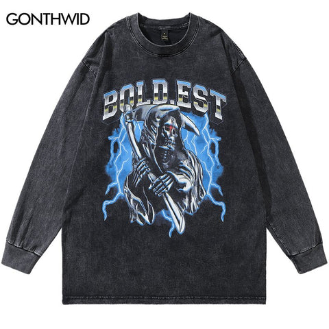 Vintage Shirts Streetwear Hip Hop Skull Skeleton Lightning Print Punk Gothic Long Sleeve T-Shirt Harajuku Casual Tshirt