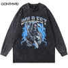Vintage Shirts Streetwear Hip Hop Skull Skeleton Lightning Print Punk Gothic Long Sleeve T-Shirt Harajuku Casual Tshirt