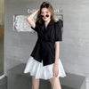 Vintage Short Sleeve Blazer Women Casual Mini A-Line Skirt Black Double Breasted Folds Split Jacket Coat 2 Pieces Set