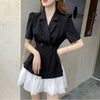 Vintage Short Sleeve Blazer Women Casual Mini A-Line Skirt Black Double Breasted Folds Split Jacket Coat 2 Pieces Set