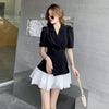 Vintage Short Sleeve Blazer Women Casual Mini A-Line Skirt Black Double Breasted Folds Split Jacket Coat 2 Pieces Set