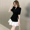 Vintage Short Sleeve Blazer Women Casual Mini A-Line Skirt Black Double Breasted Folds Split Jacket Coat 2 Pieces Set