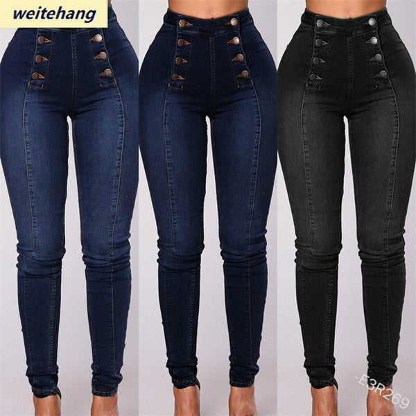 Vintage Skinny double-breasted High Waist Pencil Jeans Women Slim Fit Stretch Denim Pants Full Length Denim Tight Trousers 88