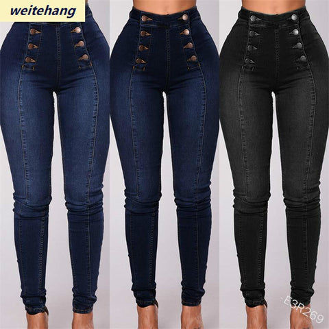 Vintage Skinny double-breasted High Waist Pencil Jeans Women Slim Fit Stretch Denim Pants Full Length Denim Tight Trousers 88