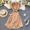 Vintage Slim v neck bandage pleated Dress Summer Party midi long elegant dress vestido de festa Women tunic Dresses