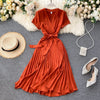 Vintage Slim v neck bandage pleated Dress Summer Party midi long elegant dress vestido de festa Women tunic Dresses