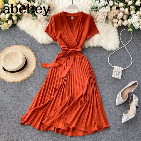 Vintage Slim v neck bandage pleated Dress Summer Party midi long elegant dress vestido de festa Women tunic Dresses