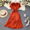 Vintage Slim v neck bandage pleated Dress Summer Party midi long elegant dress vestido de festa Women tunic Dresses