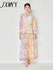 Vintage Stitching Print Lace-Up Dress Summer Single-Breasted Stand-Up Collar Beach Holiday Dress Korean Women Clothing