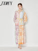 Vintage Stitching Print Lace-Up Dress Summer Single-Breasted Stand-Up Collar Beach Holiday Dress Korean Women Clothing