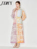 Vintage Stitching Print Lace-Up Dress Summer Single-Breasted Stand-Up Collar Beach Holiday Dress Korean Women Clothing