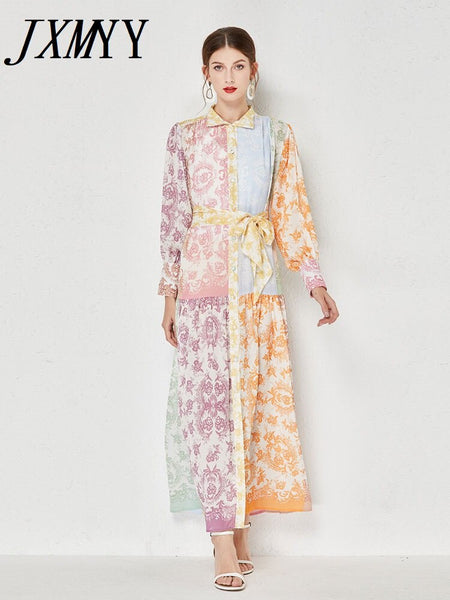 Vintage Stitching Print Lace-Up Dress Summer Single-Breasted Stand-Up Collar Beach Holiday Dress Korean Women Clothing