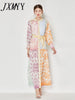 Vintage Stitching Print Lace-Up Dress Summer Single-Breasted Stand-Up Collar Beach Holiday Dress Korean Women Clothing