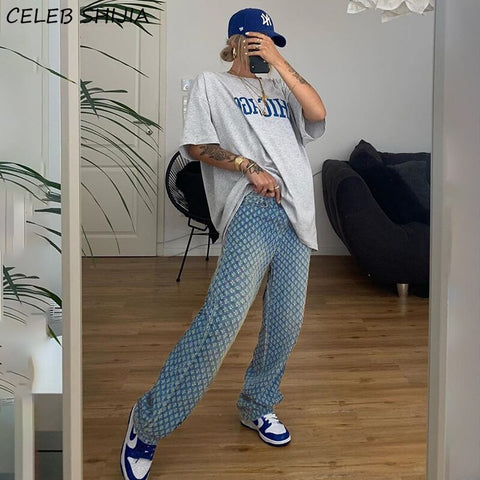 Vintage Streetwear Ripped Jeans for Women Blue High Waist Straight Leg Pants Female Clothes Y2k Hole Pantalones Mom Jeans Woman