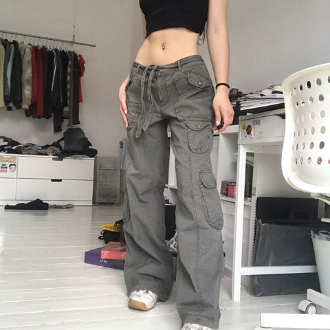 Vintage Streetwear Y2k Baggy Jeans Women Bandage High Waist Patchwork Pockets Denim Pants Harajuku Korean Straight Trousers Jean