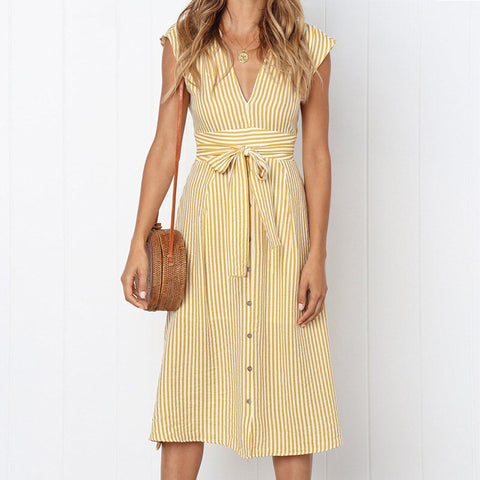 Vintage Stripe Print Midi Dress Women Elegant Deep V Sash Tie Up Bodycon Dresses Female Summer Streetwear Sundresses 2022