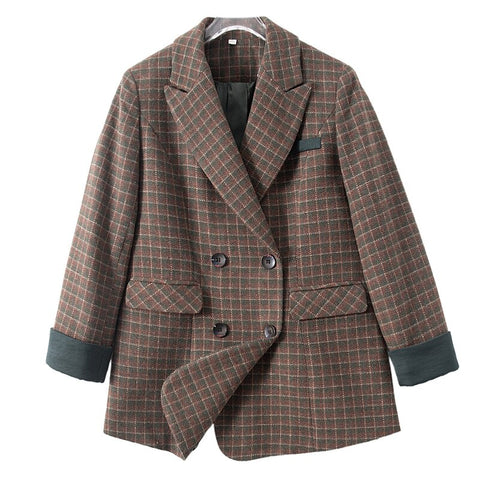 Vintage Striped Plaid Double-breasted Long-sleeve Woolen Wool Coats For Women's Clothing Spring Autumn Blazers Jackets jp368