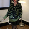 Vintage Striped Sweater Women Knit Cardigan Sexy V Neck Loose Sweaters Autumn Green Long Sleeve Cardigans Zebra Print Outerwear