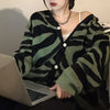 Vintage Striped Sweater Women Knit Cardigan Sexy V Neck Loose Sweaters Autumn Green Long Sleeve Cardigans Zebra Print Outerwear