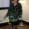 Vintage Striped Sweater Women Knit Cardigan Sexy V Neck Loose Sweaters Autumn Green Long Sleeve Cardigans Zebra Print Outerwear