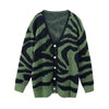 Vintage Striped Sweater Women Knit Cardigan Sexy V Neck Loose Sweaters Autumn Green Long Sleeve Cardigans Zebra Print Outerwear