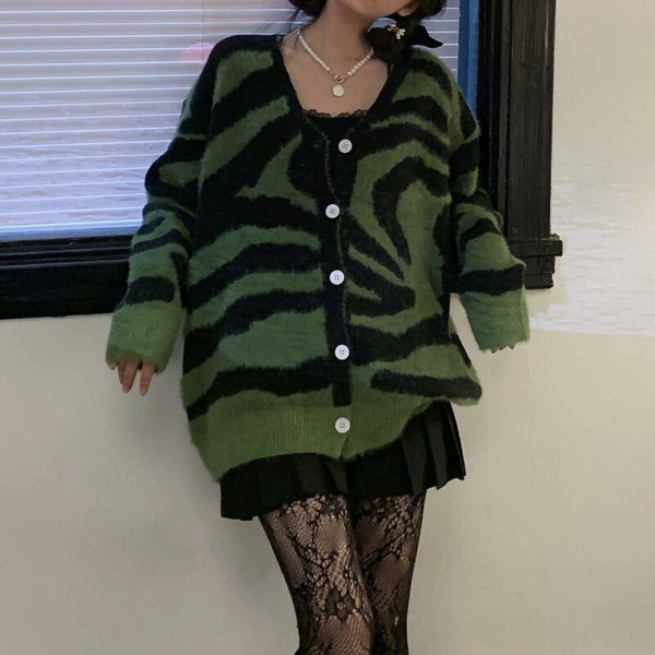 Vintage Striped Sweater Women Knit Cardigan Sexy V Neck Loose Sweaters Autumn Green Long Sleeve Cardigans Zebra Print Outerwear