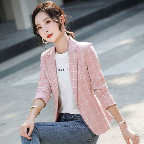 Vintage Stylish Plaid Jacket Slim Korean Casual Slim Collar Long Sleeve Work Office Lady All-match Blazer Jacket Women